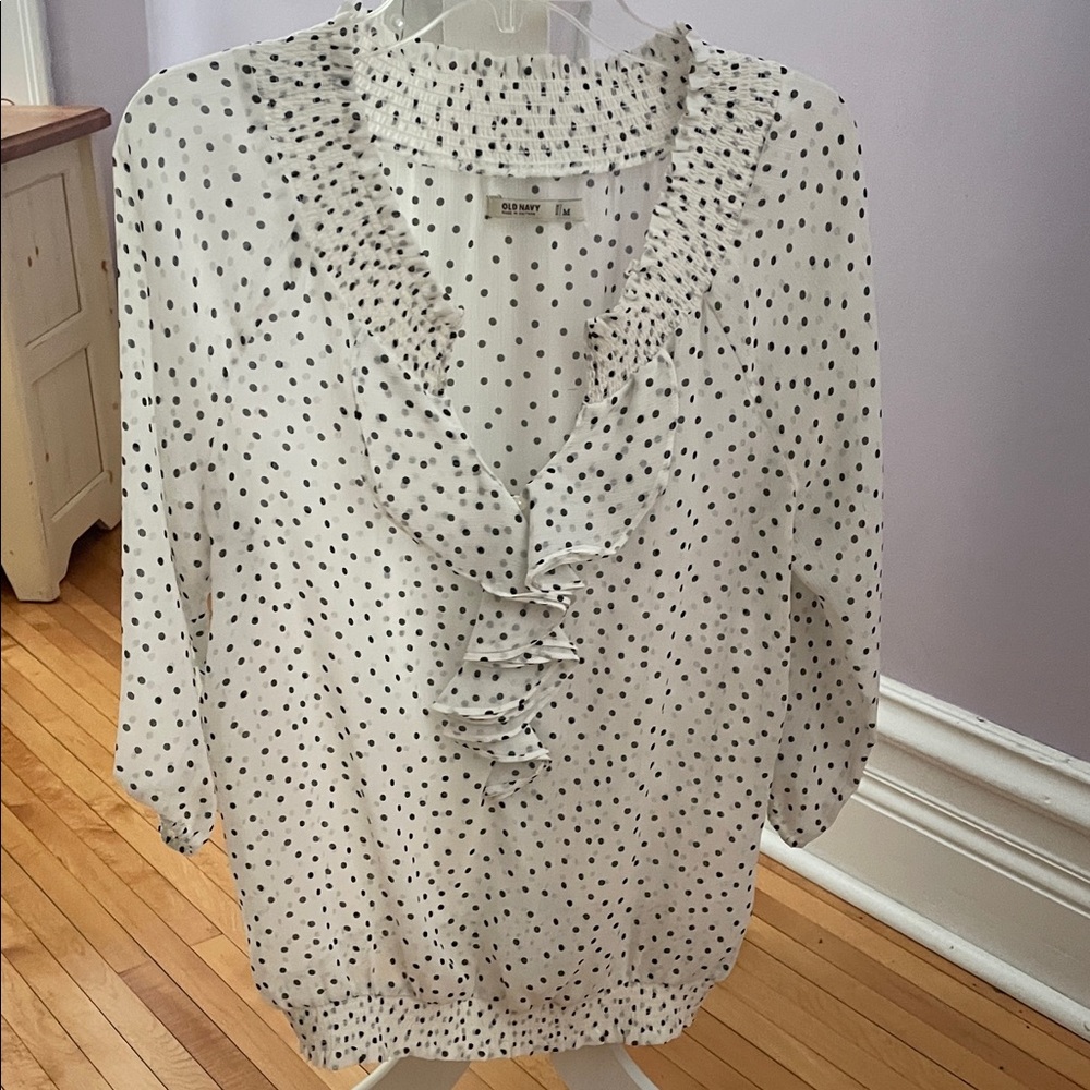 Old Navy White sheer Blouse with Black Polka Dots